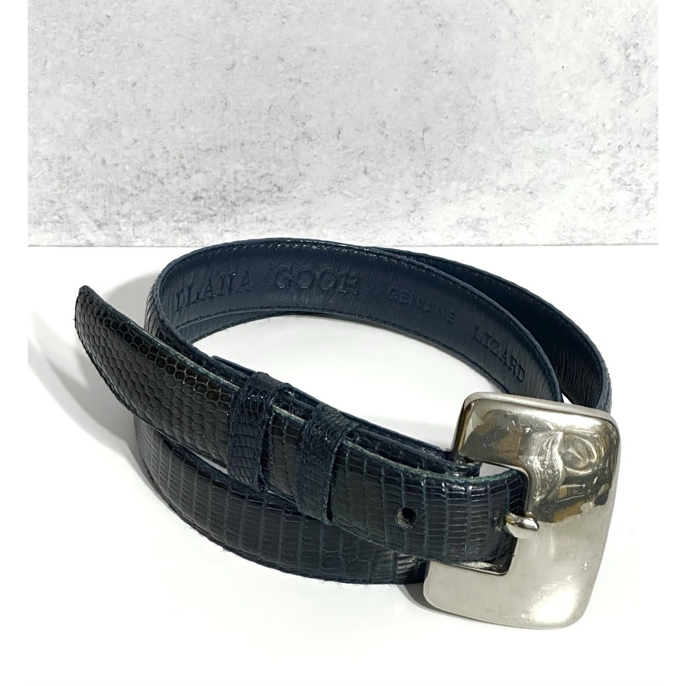 Ilana Goor Genuine Lizard Leather Belt Navy Silver Tone Buckle Large 37"